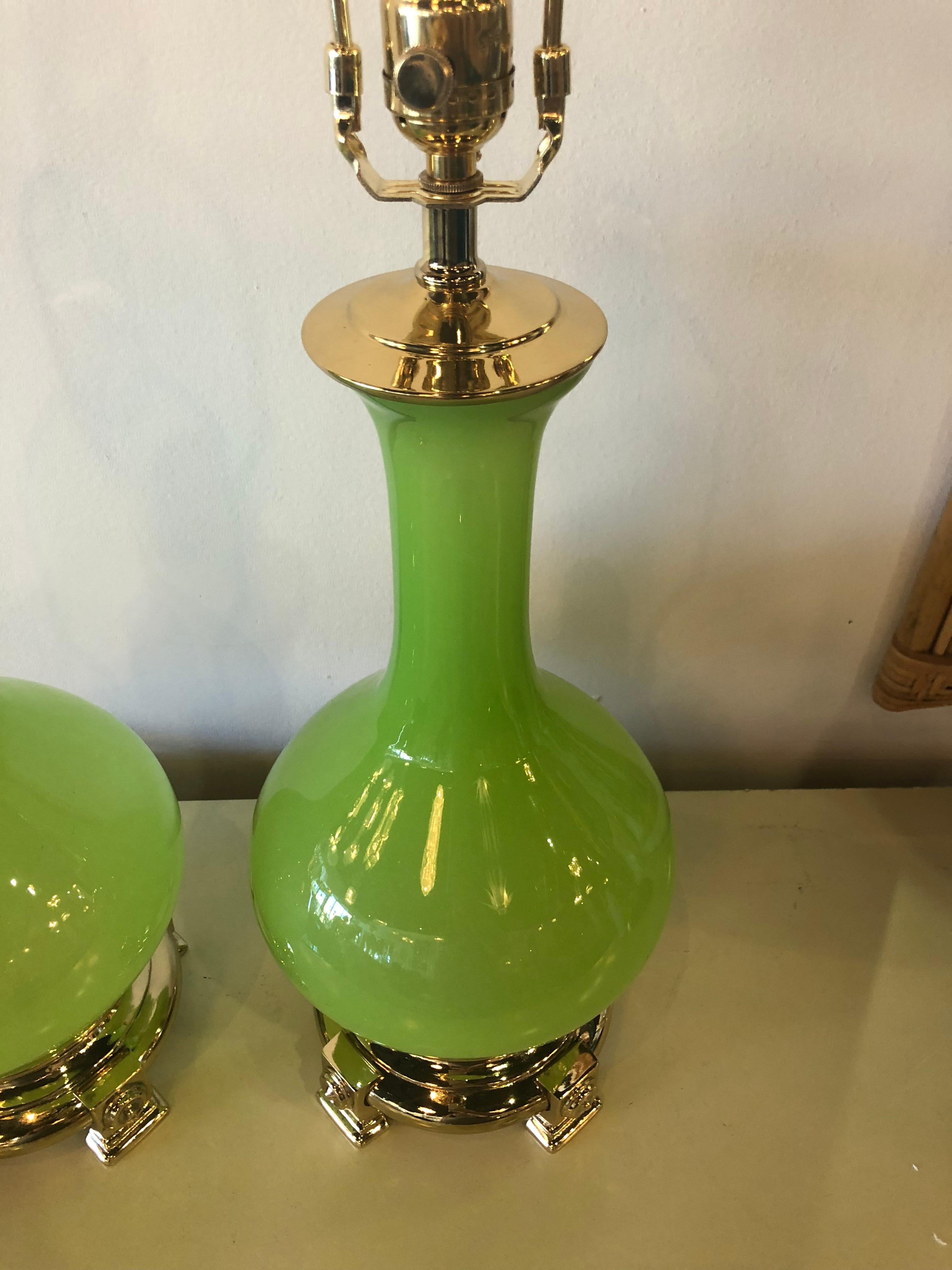 American Vintage Paul Hanson Pair of Apple Green Opaline Glass Brass Table Lamps