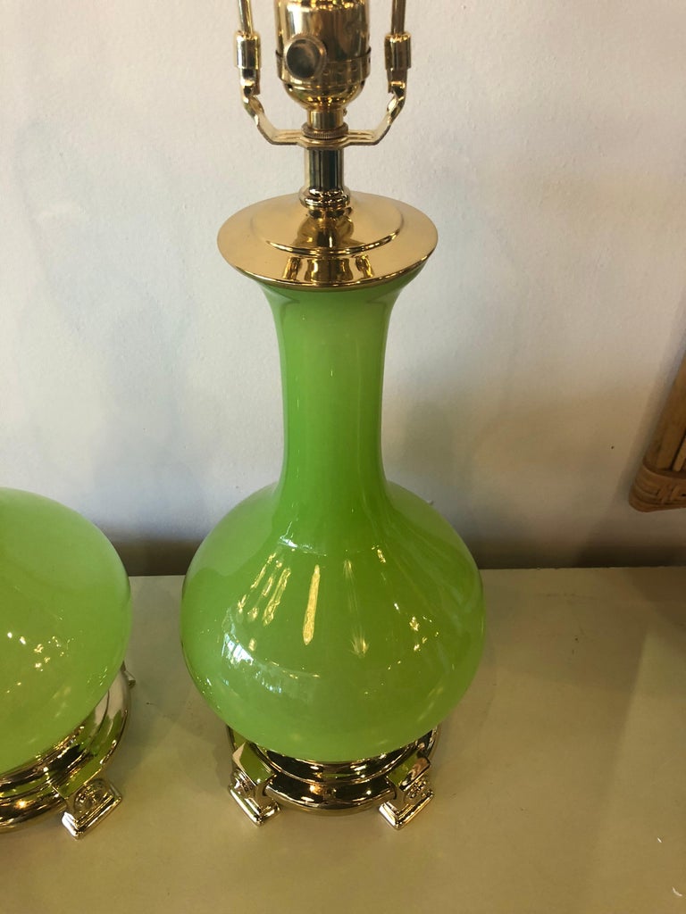 Vintage Paul Hanson Pair of Apple Green Opaline Glass Brass Table Lamps
