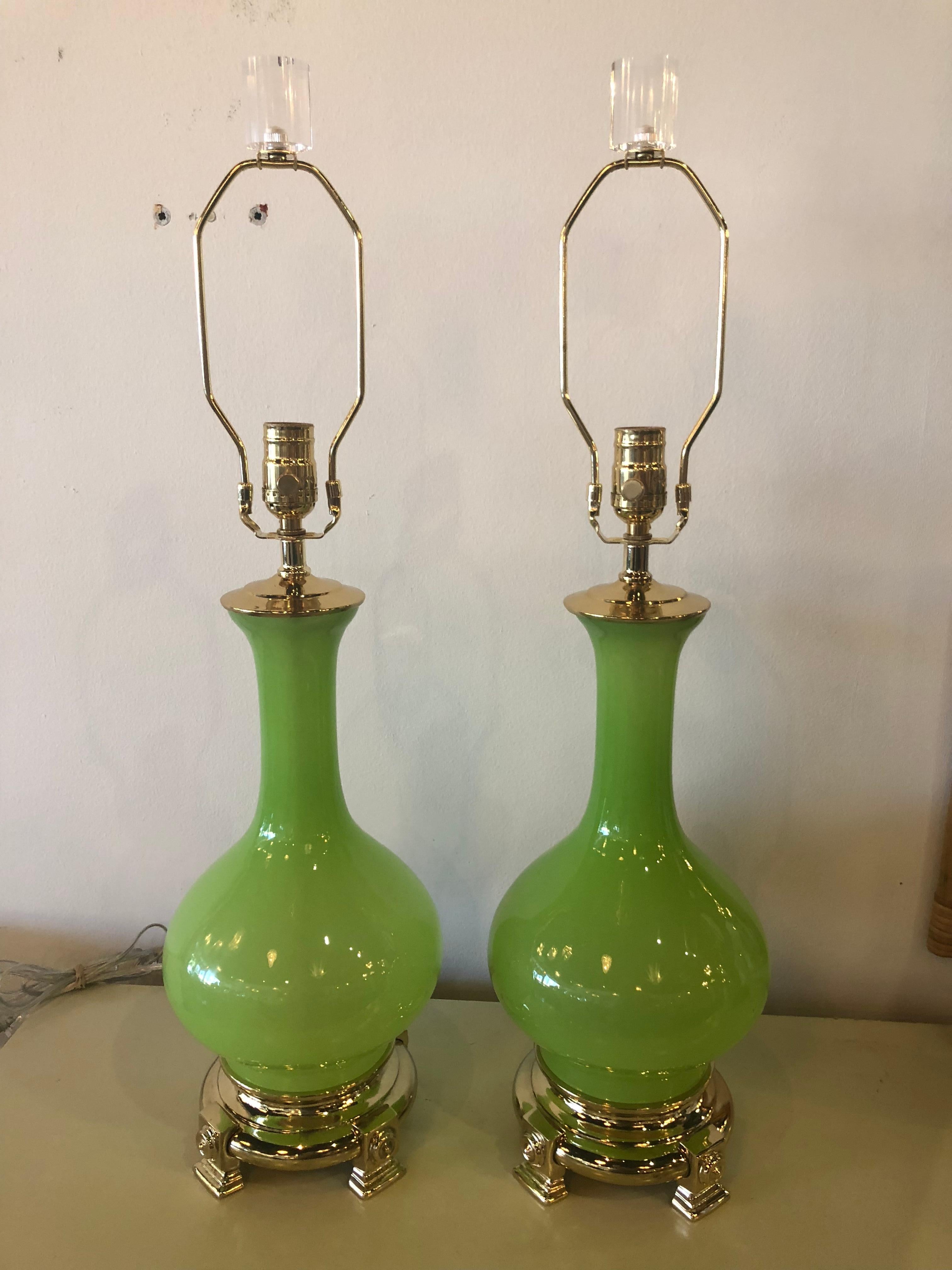 Vintage Paul Hanson Pair of Apple Green Opaline Glass Brass Table Lamps In Excellent Condition In West Palm Beach, FL