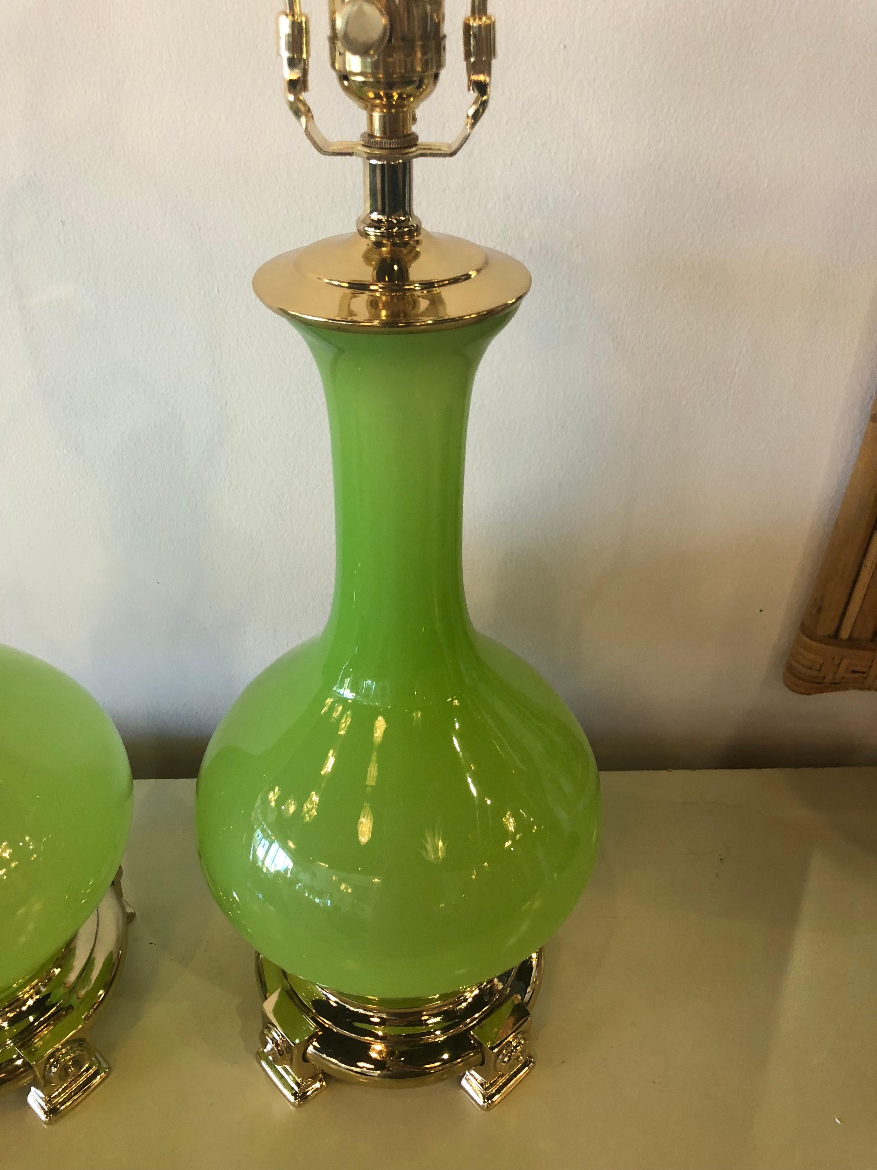 Late 20th Century Vintage Paul Hanson Pair of Apple Green Opaline Glass Brass Table Lamps