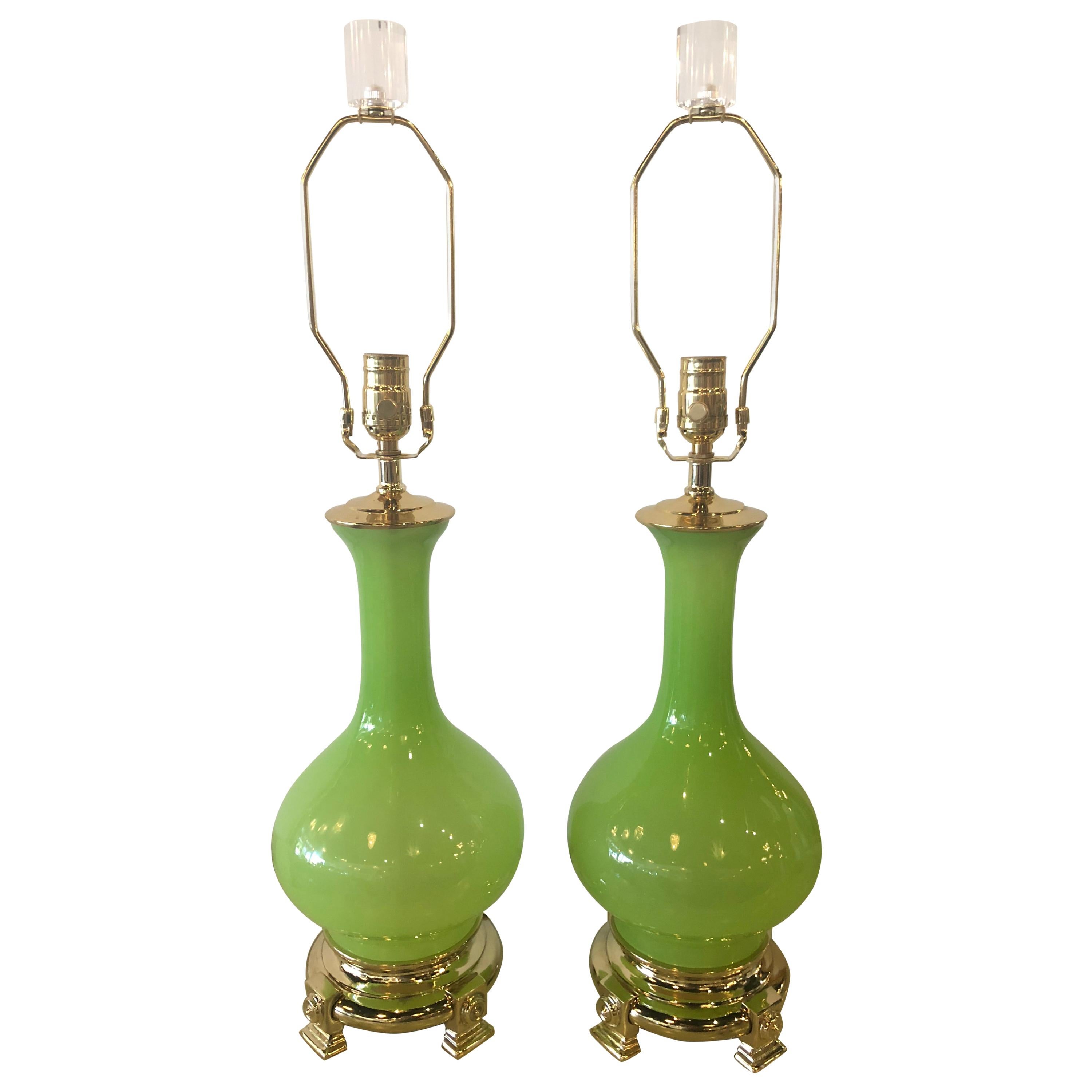 Vintage Paul Hanson Pair of Apple Green Opaline Glass Brass Table Lamps