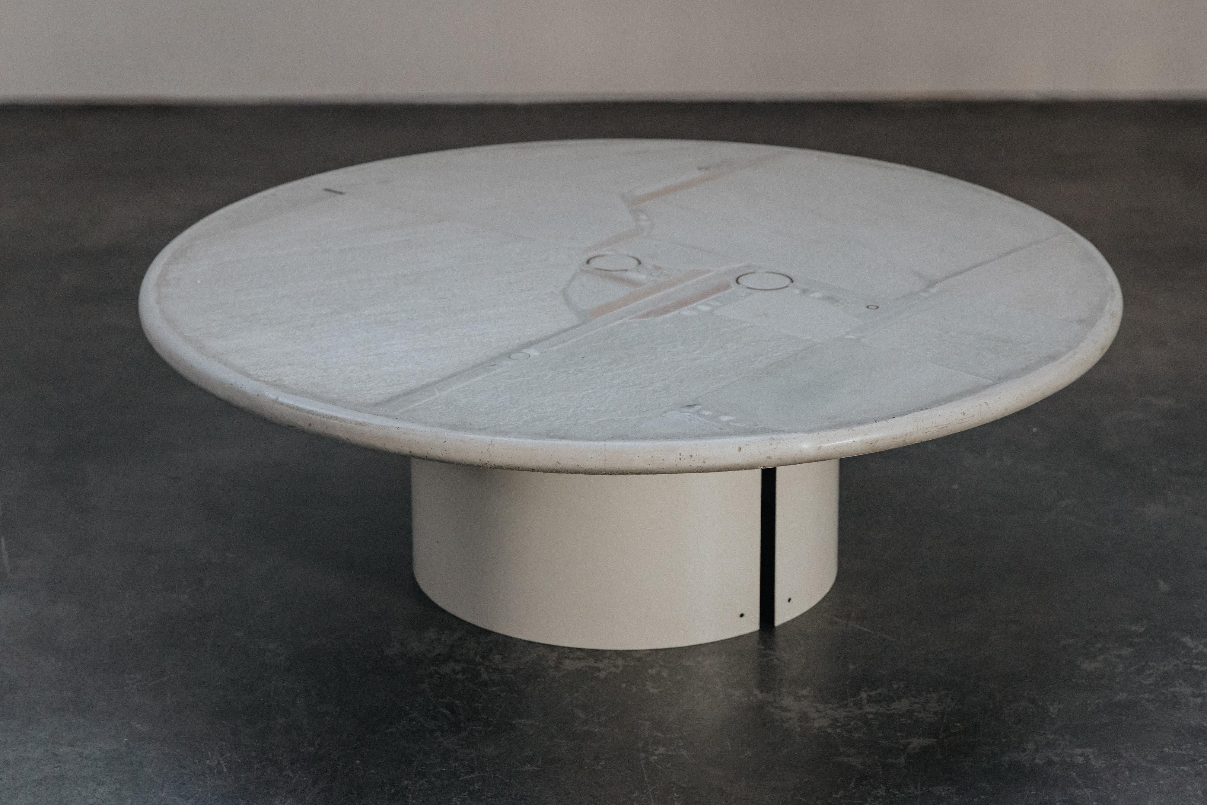 Vintage Paul Kingma Concrete Coffee Table From The Netherlands, Circa 1970.  Concrete top with inlaid metal fragments.  Signed Kingma.  Top rests on two semi circle bases.  Great condition.