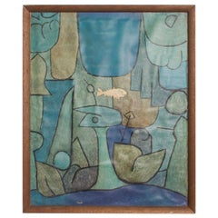 Vintage Paul Klee Abstract Silkscreen Print, Fish in Blue Green