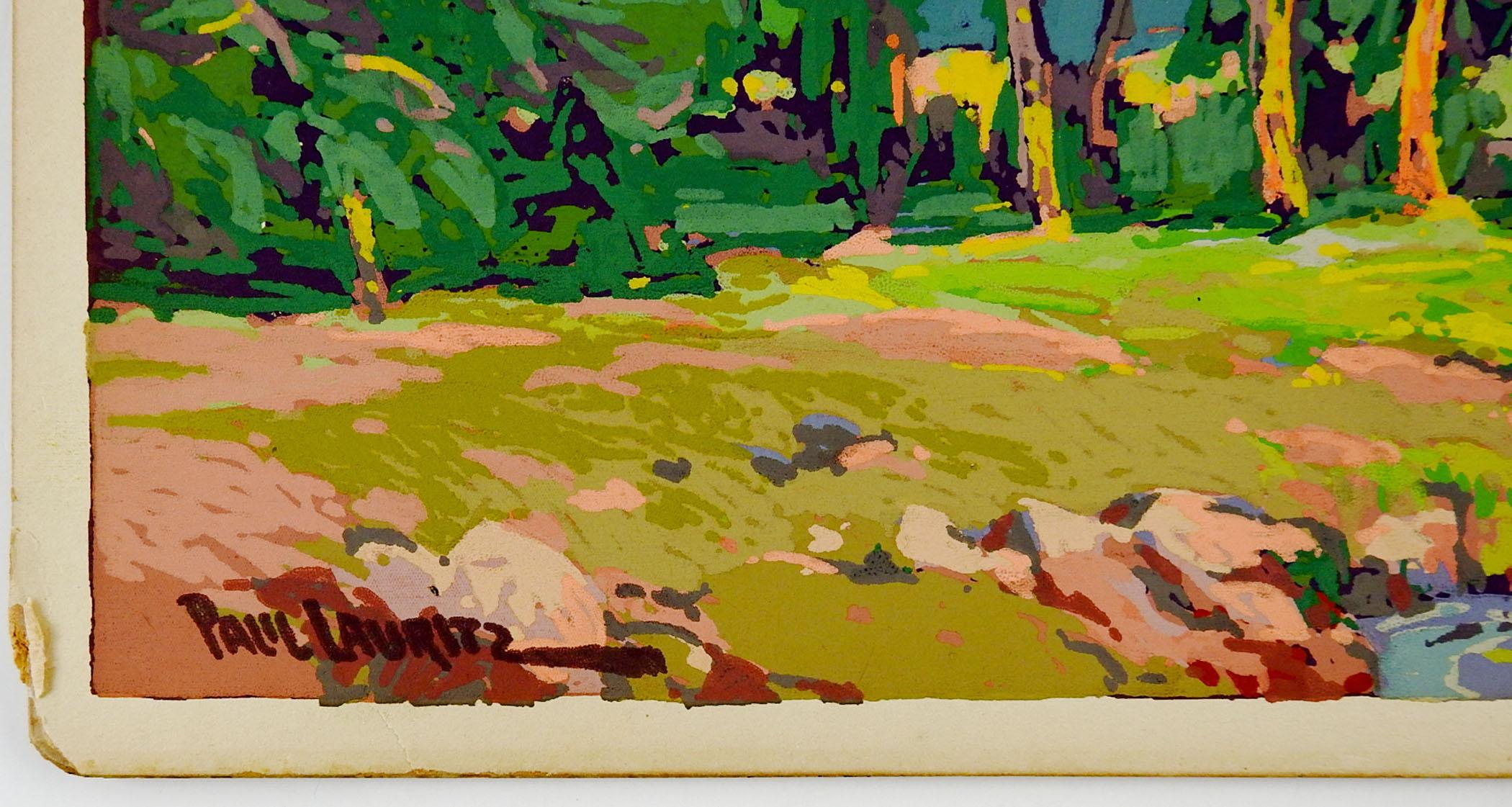 Sérigraphie vintage d'un paysage d'eucalyptus sur carton d'artiste, circa 1910 par Paul Lauritz (1889-1975) Californie. Signé en caractères d'imprimerie dans le coin inférieur gauche. A l'aspect et au toucher d'une peinture grâce à l'application de