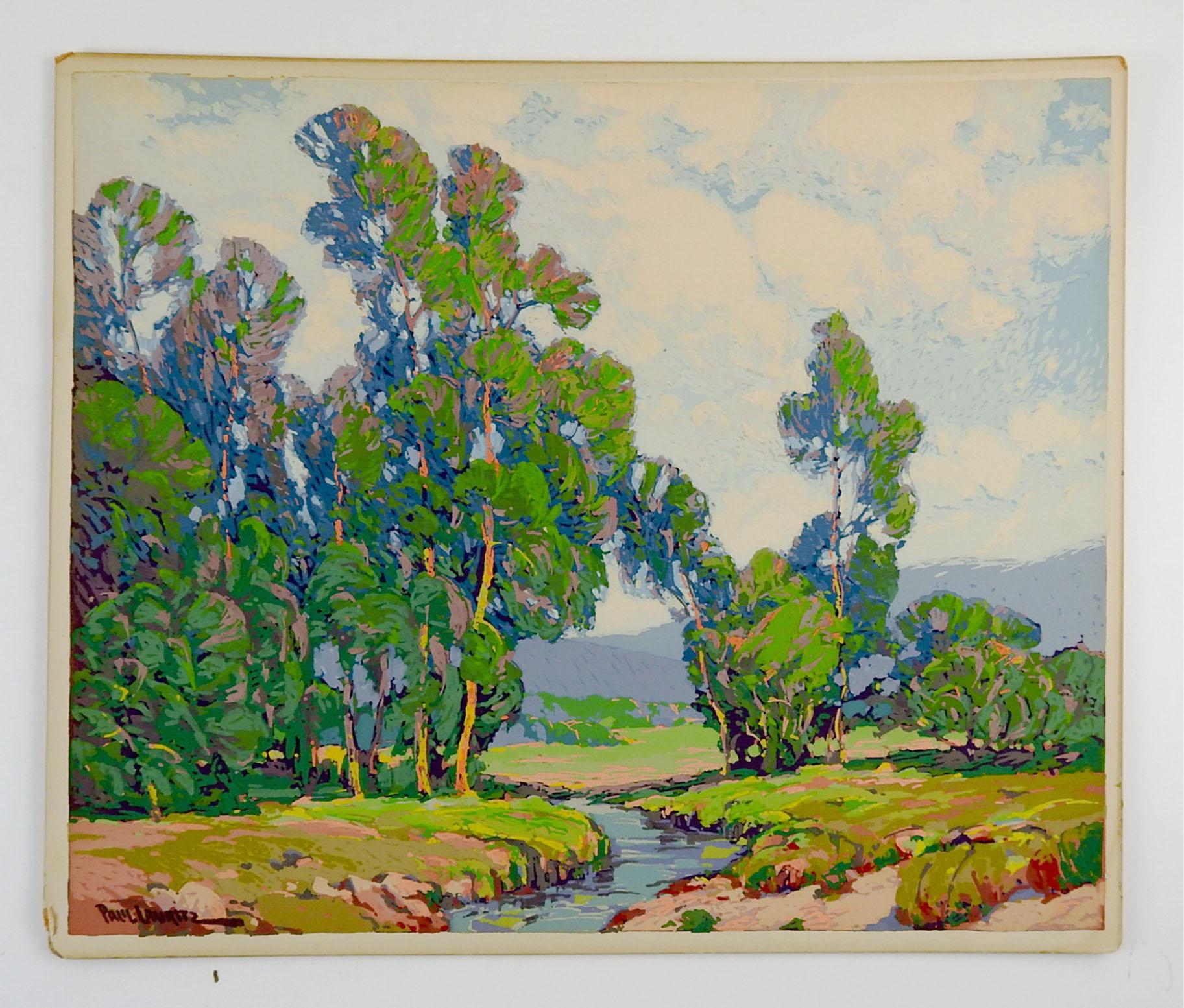 Arts and Crafts Paul Lauritz California Landscape sérigraphié vintage en vente