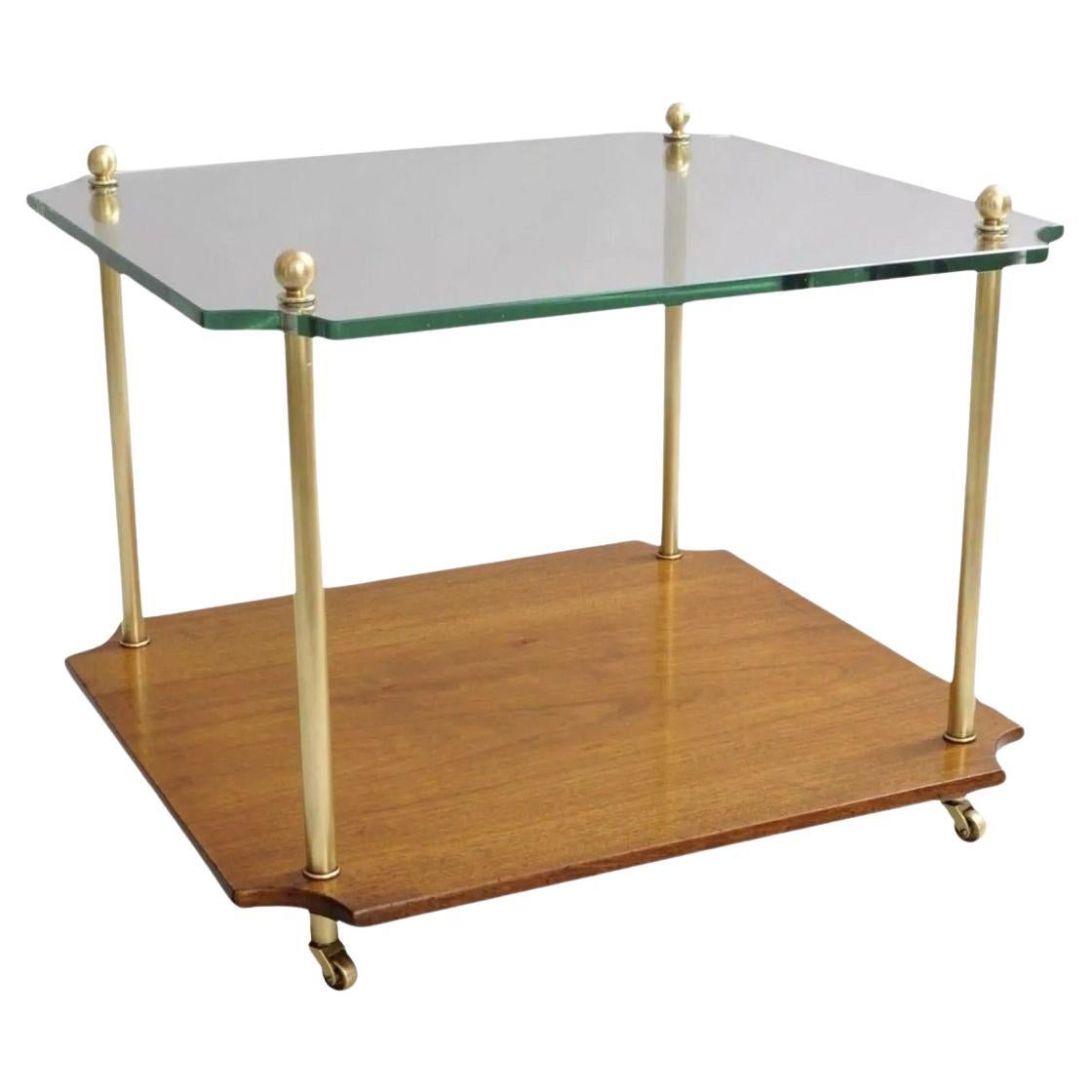 Vintage Paul Mccobb Style Mid Century Modern Walnut Brass & Glass Side End Table For Sale