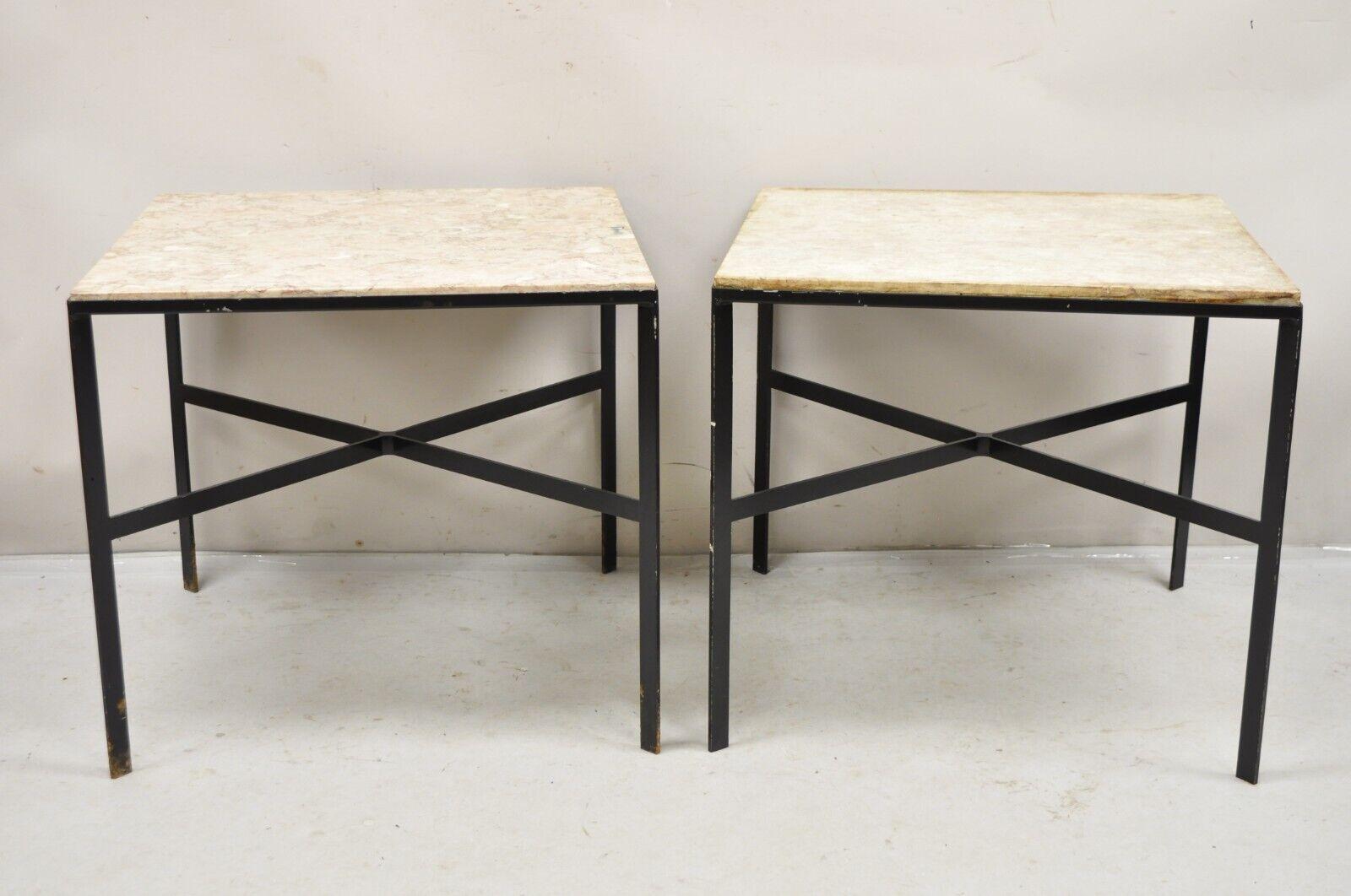 Vintage Paul McCobb Style Wrought Iron and Marble Square Side Tables - a Pair. Item features square wrought iron black painted frames, sculpted cross stretcher base, sleek flat metal bars, inset marble tops, clean Modernist lines, great style and
