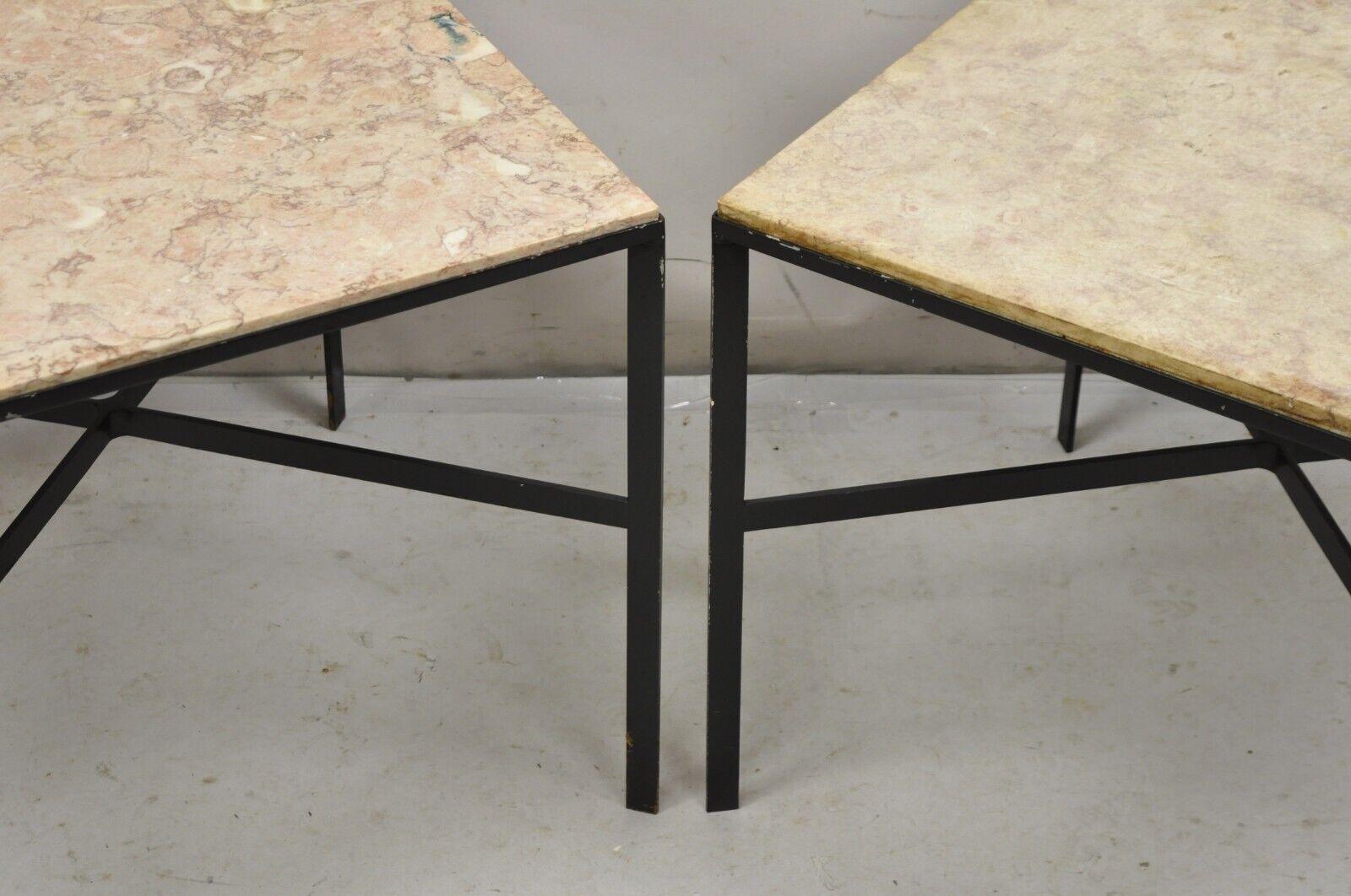 Mid-Century Modern Vintage Paul McCobb Style Wrought Iron and Marble Square Side Tables - a Pair For Sale