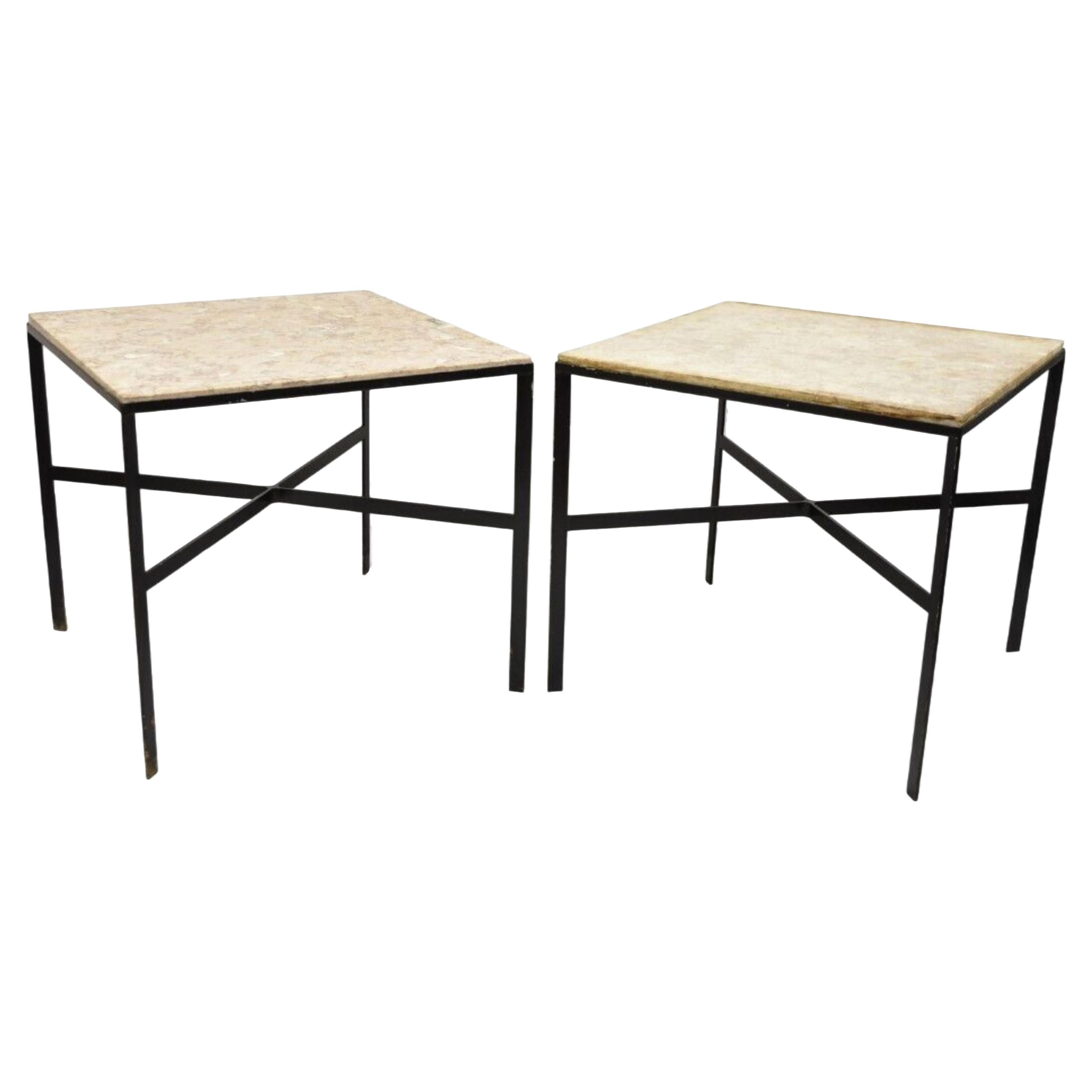 Vintage Paul McCobb Style Wrought Iron and Marble Square Side Tables - a Pair For Sale