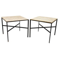 Retro Paul McCobb Style Wrought Iron and Marble Square Side Tables - a Pair