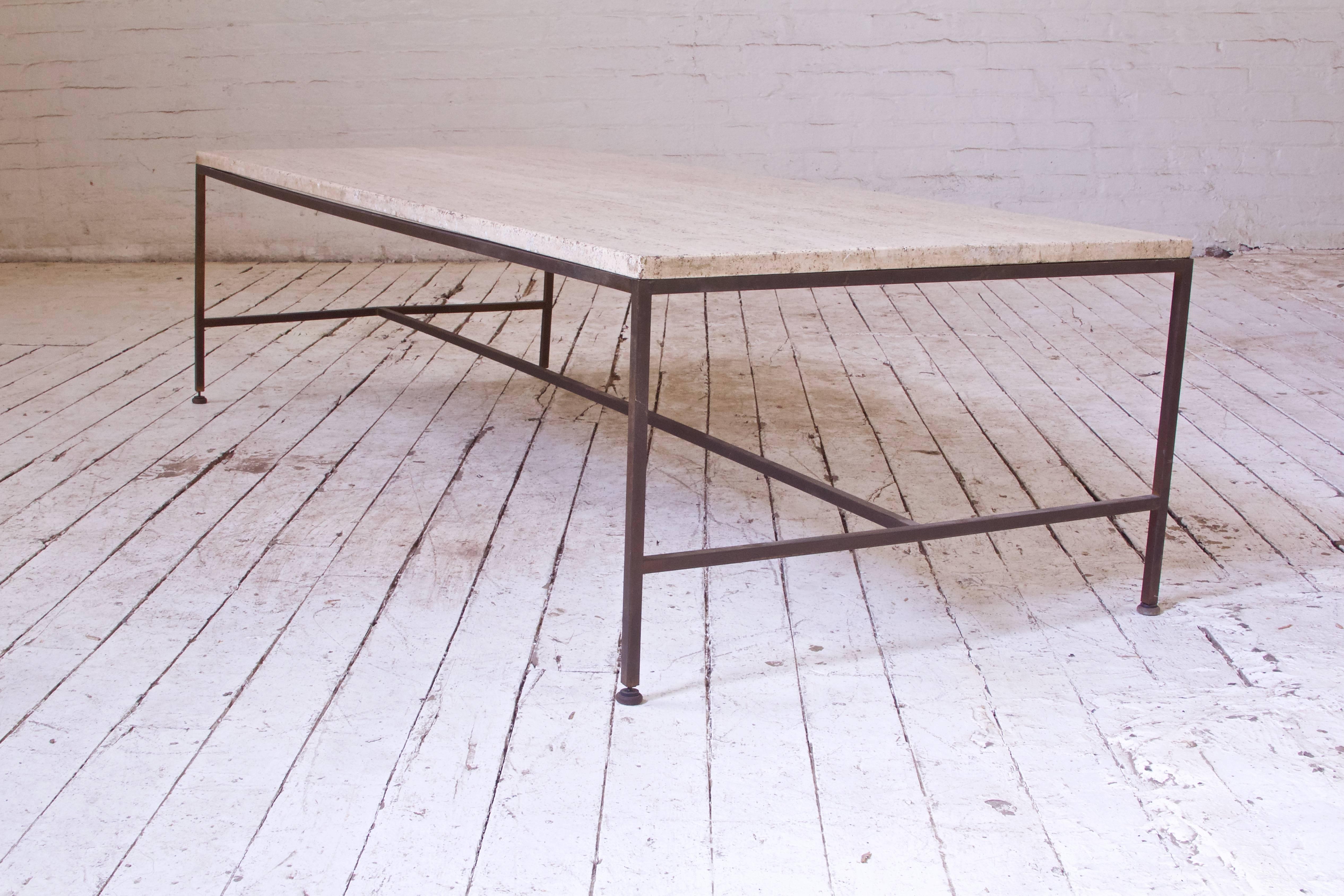Vintage Paul McCobb Travertine and Brass Coffee Table, USA, 1950s 4