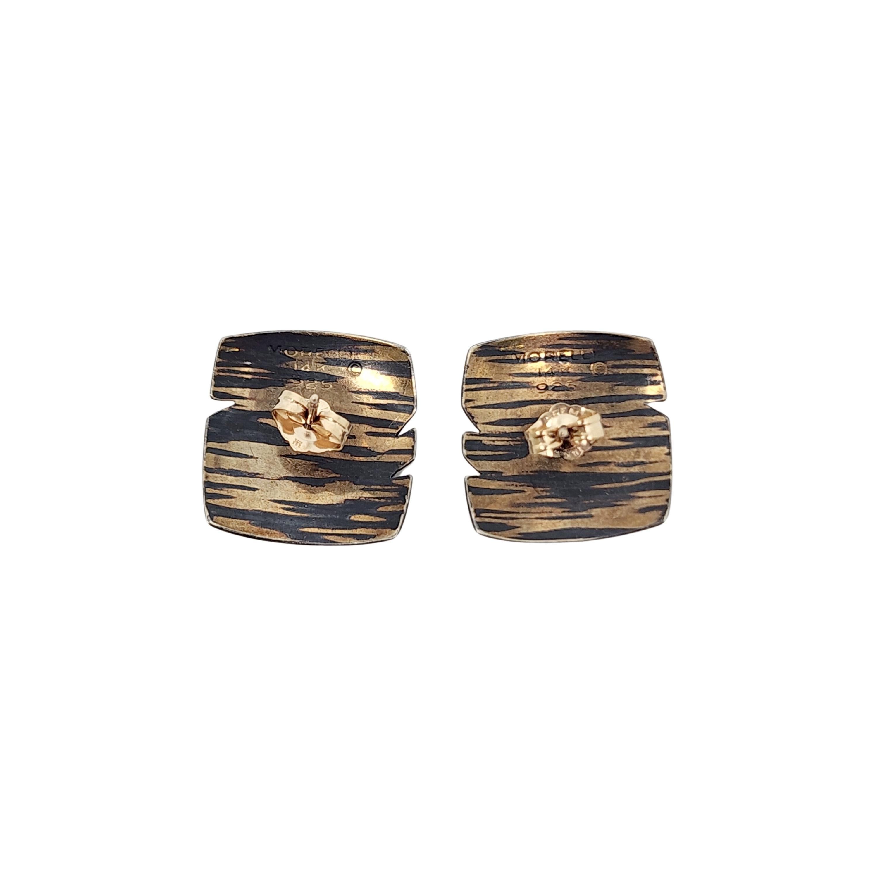 Vintage Paul Morelli 14K Gold Sterling Silver Tiger Stripe Square Earrings 17371 In Good Condition For Sale In Washington Depot, CT