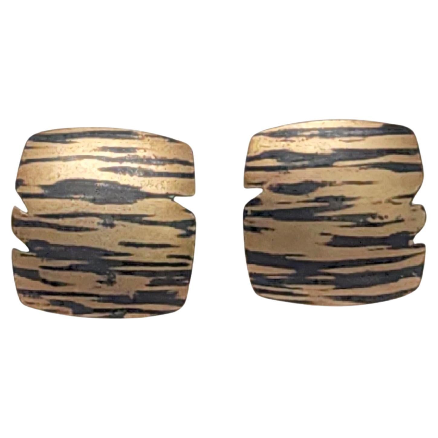 Vintage Paul Morelli 14K Gold Sterling Silver Tiger Stripe Square Earrings 17371 For Sale