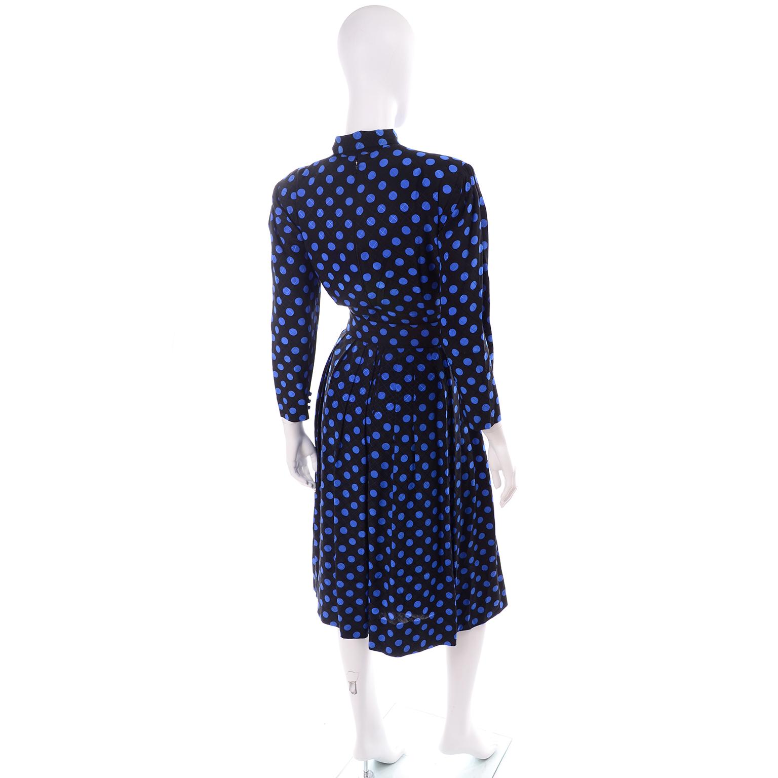 Vintage Pauline Trigere Blue and Black Polka Dot Silk Dress With Fabric Neck Tie In Excellent Condition For Sale In Portland, OR