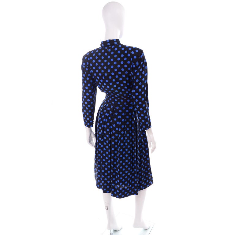 Vintage Pauline Trigere Blue and Black Polka Dot Silk Dress With Fabric ...