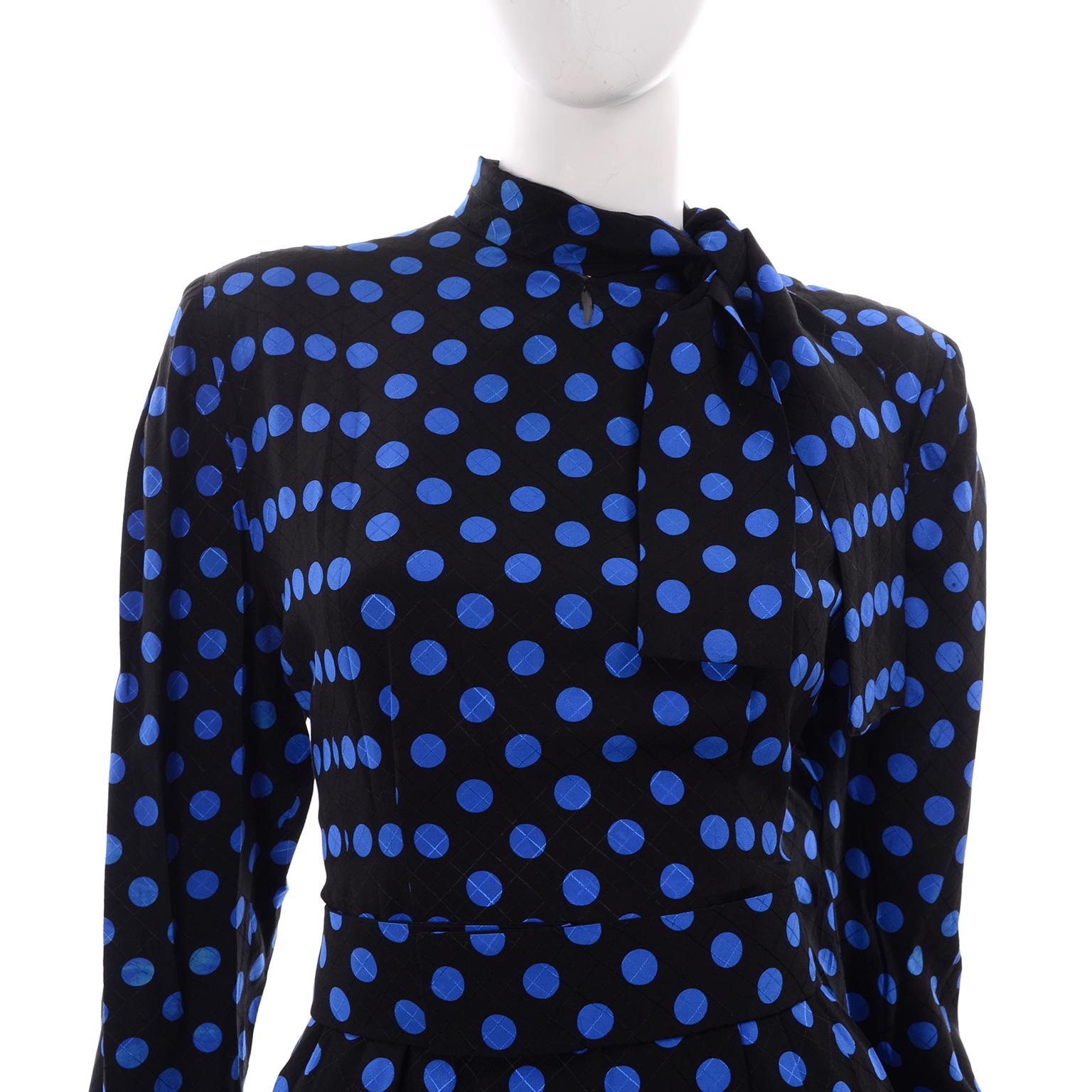 Vintage Pauline Trigere Blue and Black Polka Dot Silk Dress With Fabric Neck Tie For Sale 1