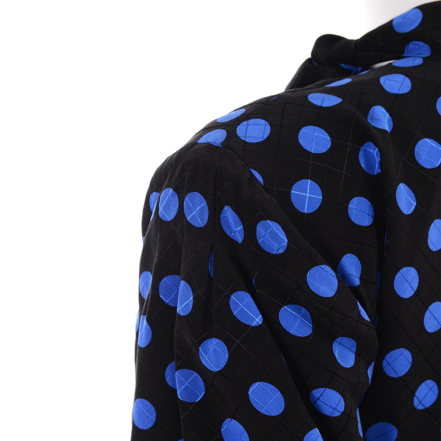 Vintage Pauline Trigere Blue and Black Polka Dot Silk Dress With Fabric Neck Tie For Sale 2