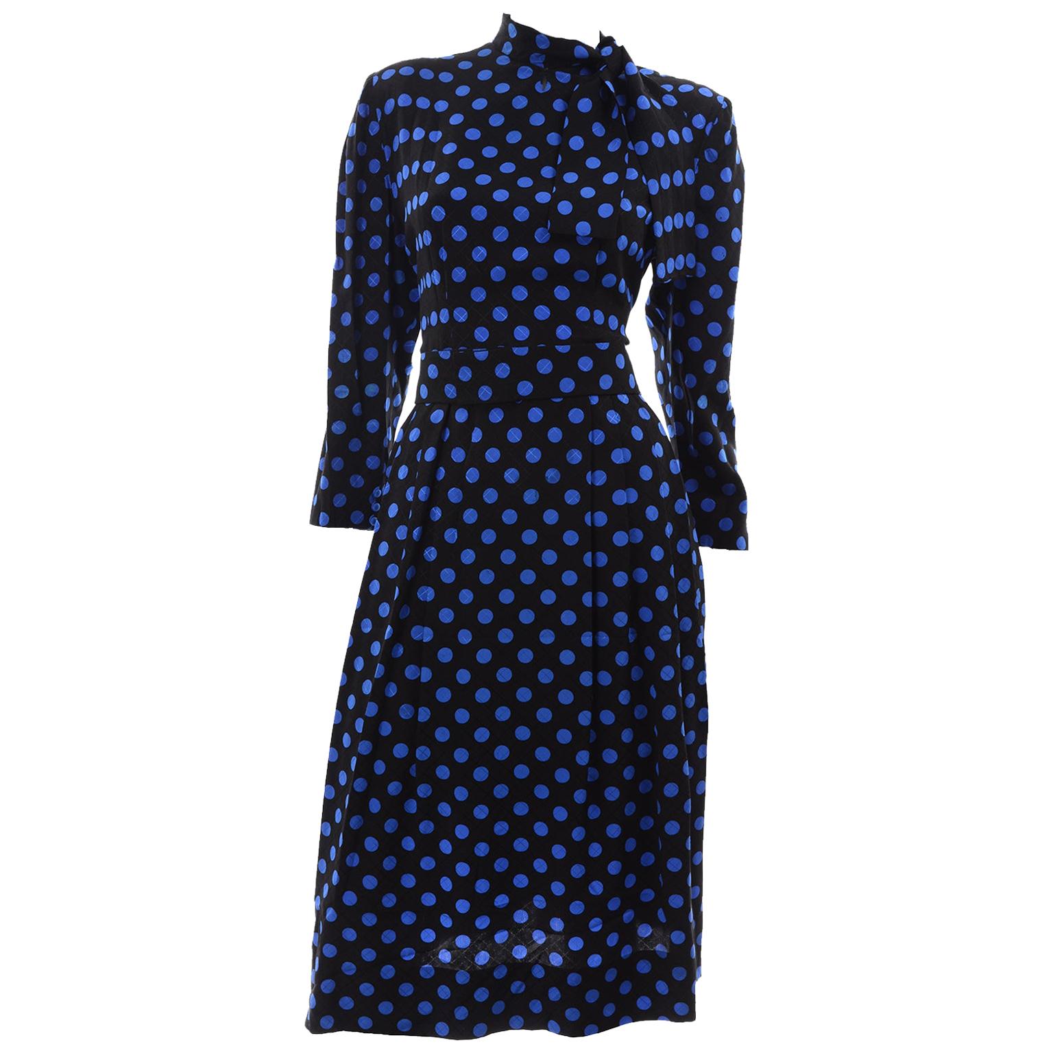 Vintage Pauline Trigere Blue and Black Polka Dot Silk Dress With Fabric Neck Tie For Sale