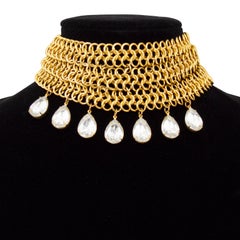 1980er Pauline Trigère Kettenhemd Choker mit Strass-Tropfen