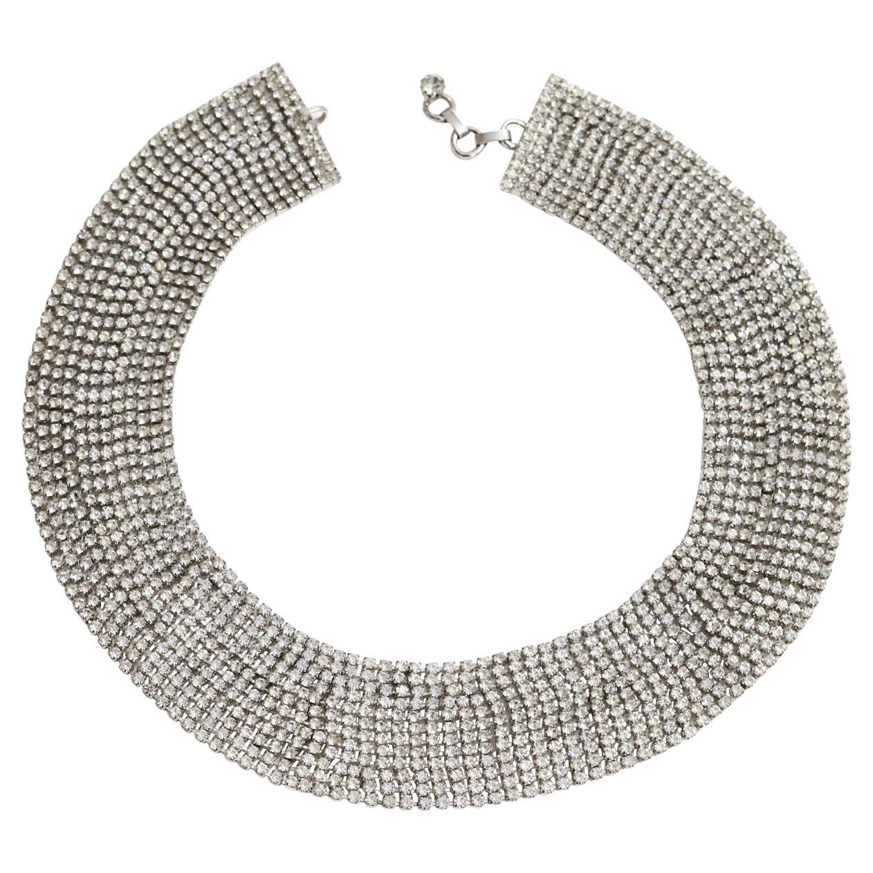 Vintage Pauline Trigere Diamante Wide Collar Necklace Circa 1980s. A great necklace that could easily be worn with t shirt and jeans and mixed with a gold necklace as well as it can be worn for a dressed up occasion. Just one of the classics that