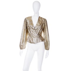 Vintage Pauline Trigere Gold Metallic Faux Wrap Style Evening Blouse
