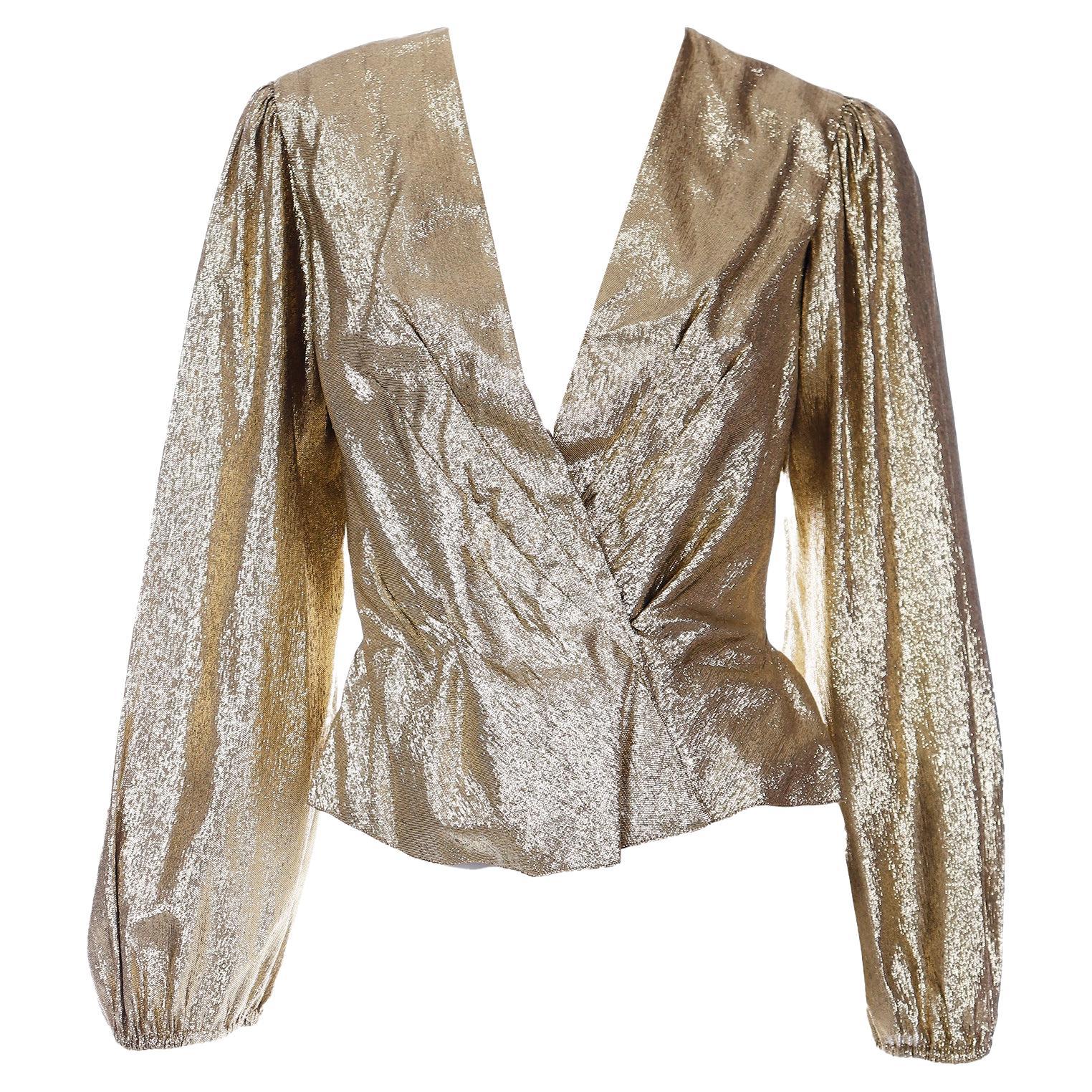 Vintage Pauline Trigere Gold Metallic Faux Wrap Style Evening Blouse For Sale
