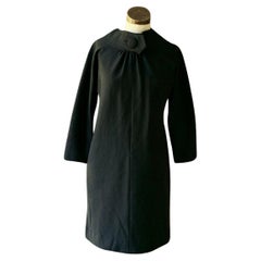 Vintage PAULINE TRIGERE LBD 60s 70s Wool Black Dress BUTTON Pleated CLASSIC