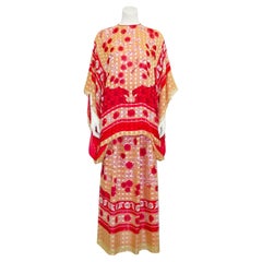 Used 1980s Pauline Trigère Red and Gold Print Silk Ensemble 