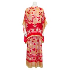 Used 1980s Pauline Trigère Red and Gold Print Silk Ensemble