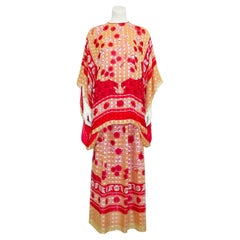 Vintage 1980s Pauline Trigère Red and Gold Print Silk Ensemble 