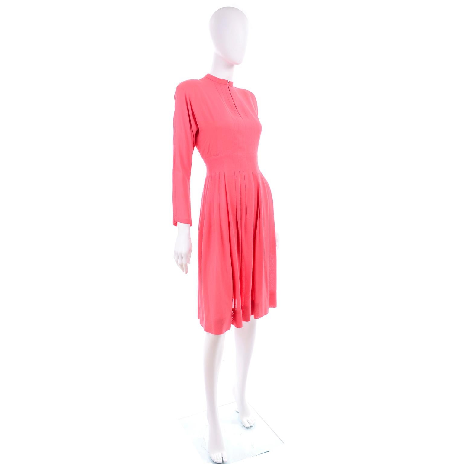 Women's Vintage Pauline Trigere Salmon Pink Dress With Keyhole Slit and Pleated Skirt For Sale