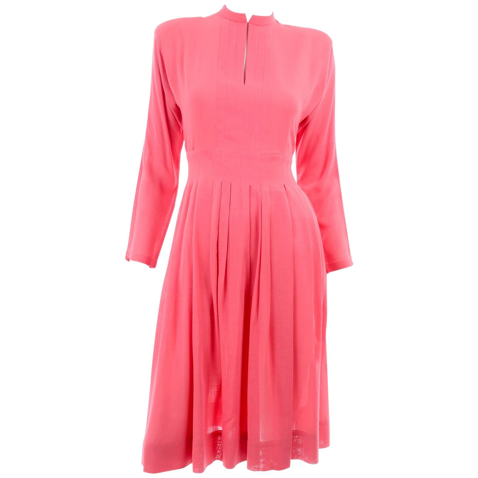 Vintage Pauline Trigere Salmon Pink Dress With Keyhole Slit and Pleated Skirt For Sale