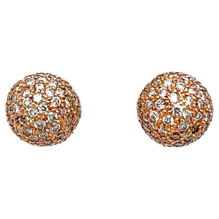 Vintage Pave Diamond Gold Ball Post Earrings For Sale at 1stDibs