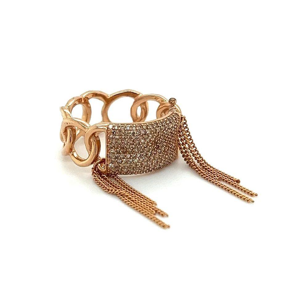 Simply Beautiful! Vintage Pave Diamond and 9.8mm Link Gold Band Ring with Tassels. Hand set with Sparkling pave set Diamonds, weighing approx. 0.62ct. Hand crafted in 14K Rose Gold. Ring size: 8, we offer ring re-sizing. Bold and more Beautiful in