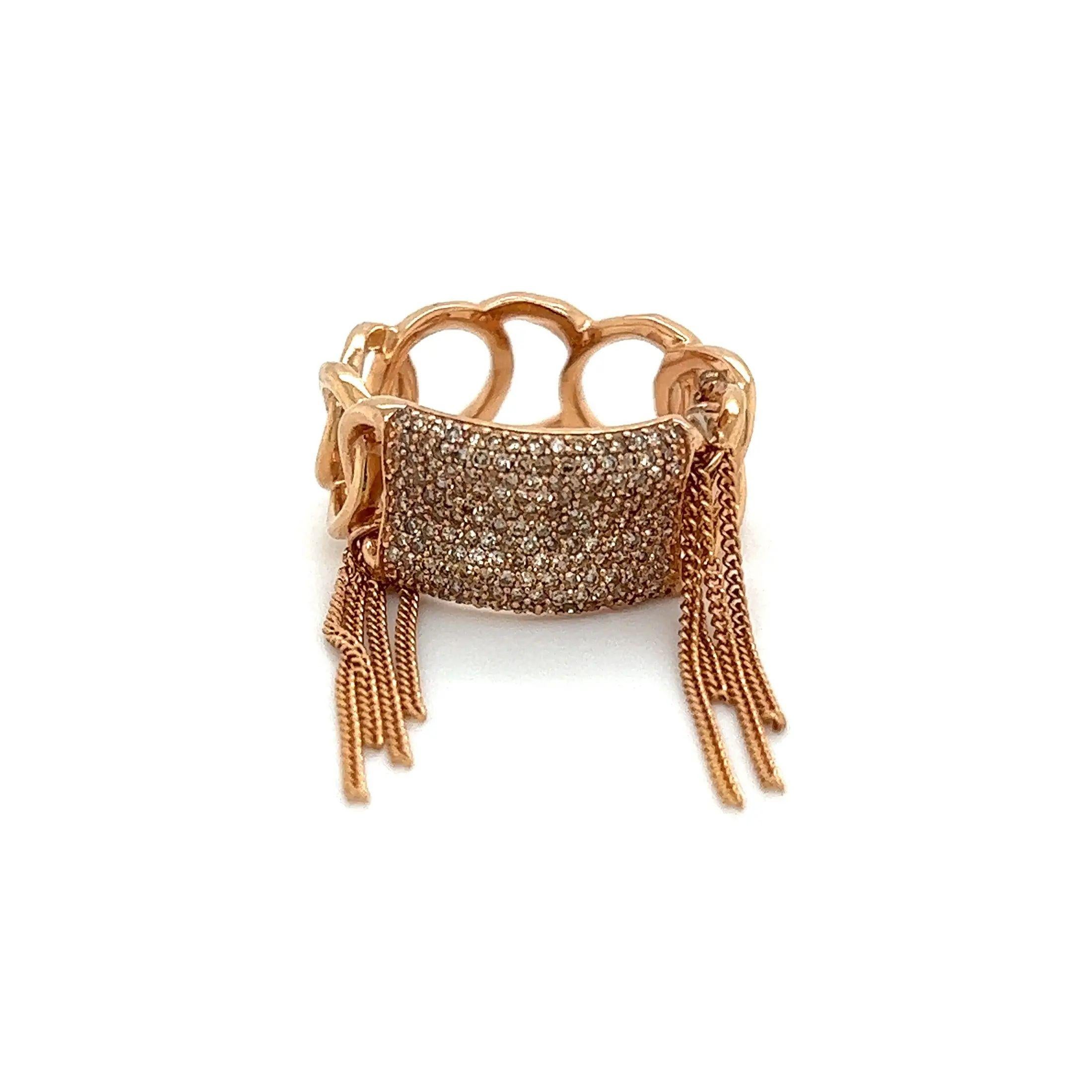 Round Cut Vintage Pave Diamond Gold Link Band Ring with Tassels For Sale
