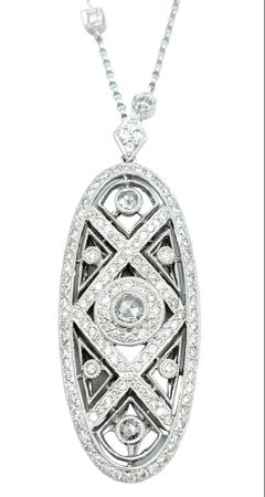 Vintage Pavé Diamond Milgrain Oval Pendant Station Necklace in White Gold