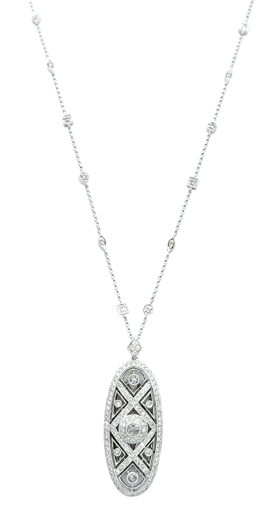 Rose Cut Vintage Pavé Diamond Oval Drop Dangle Pendant and Station Chain in White Gold For Sale