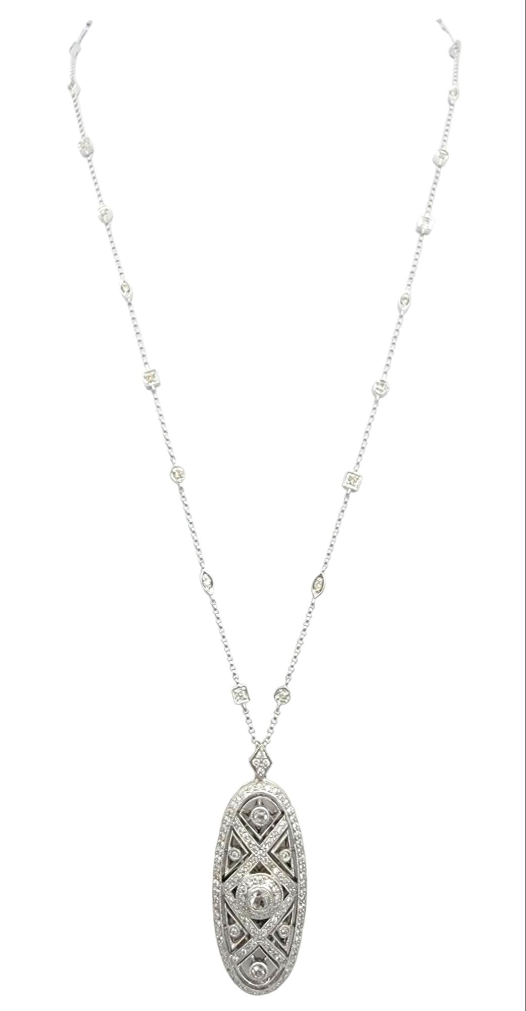 Vintage Pavé Diamond Oval Drop Dangle Pendant and Station Chain in White Gold In Good Condition For Sale In Scottsdale, AZ