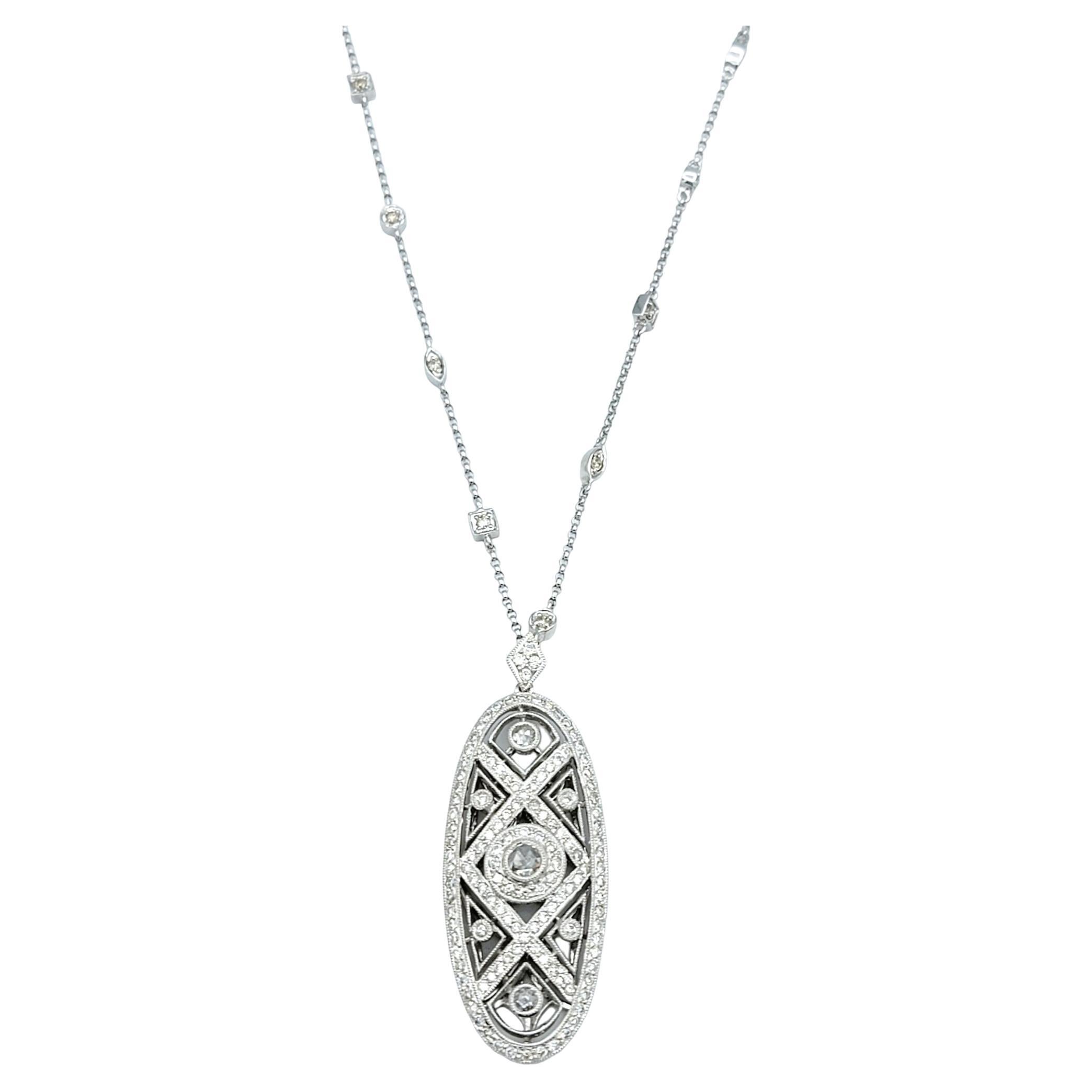 Vintage Pavé Diamond Oval Drop Dangle Pendant and Station Chain in White Gold For Sale