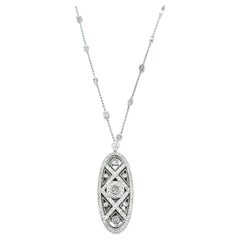 Vintage Pavé Diamond Oval Drop Dangle Pendant and Station Chain in White Gold