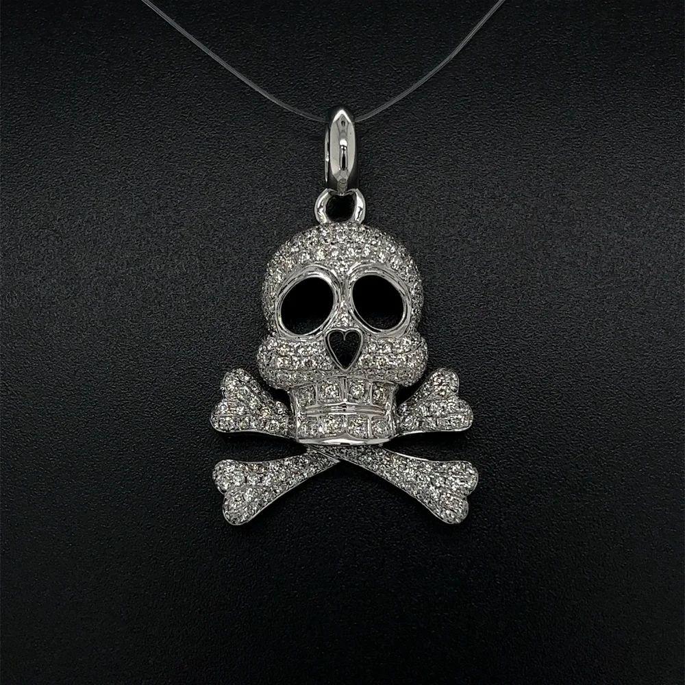 Round Cut Vintage Pave Diamond Skull and Cross Bones Gold Pendant Necklace For Sale
