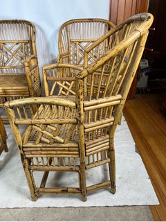 Vintage Pavillion Style Chinoiserie Bamboo Rattan Armchairs, Set of 6