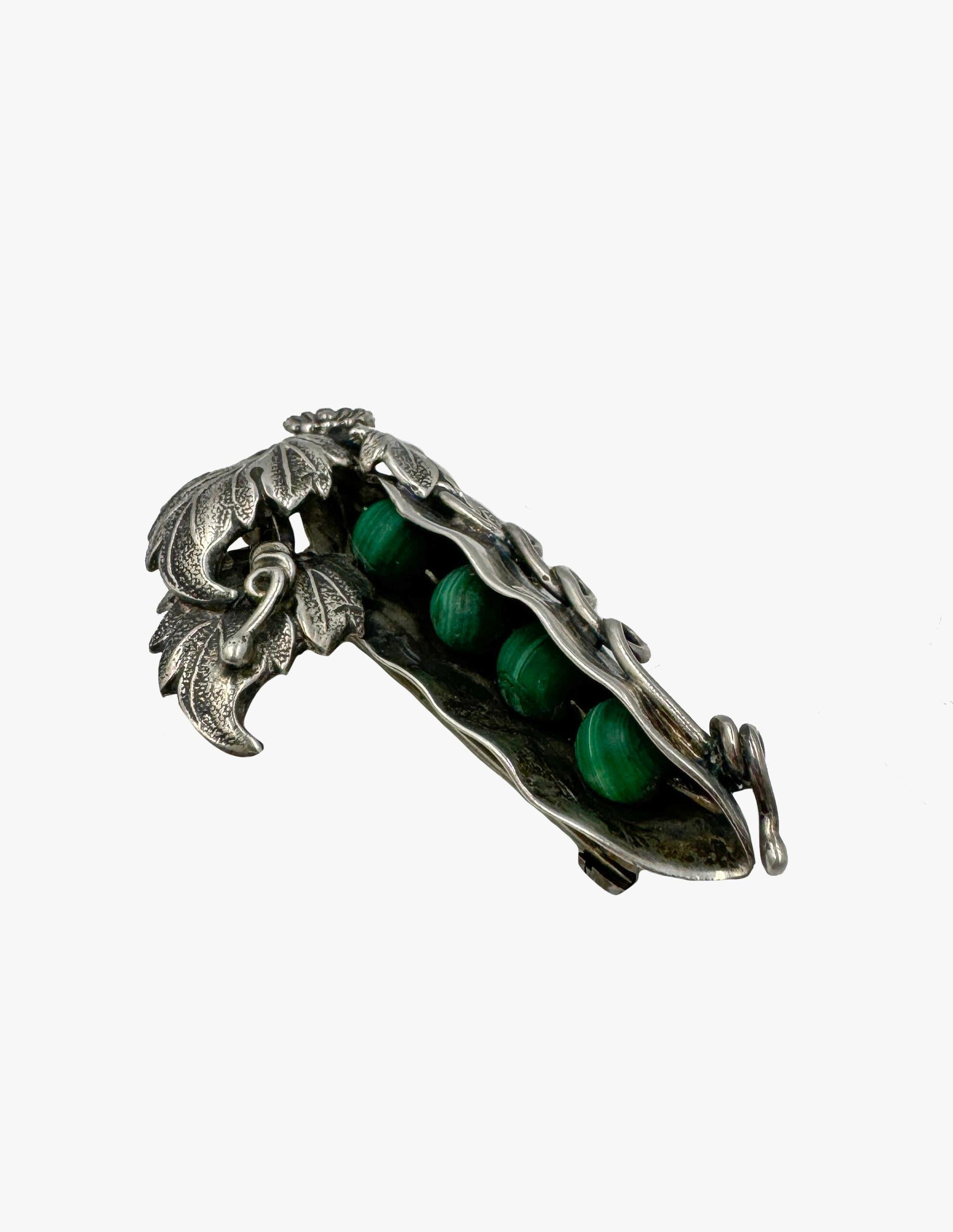 Women's or Men's Vintage silver pea brooch with malachite peas For Sale