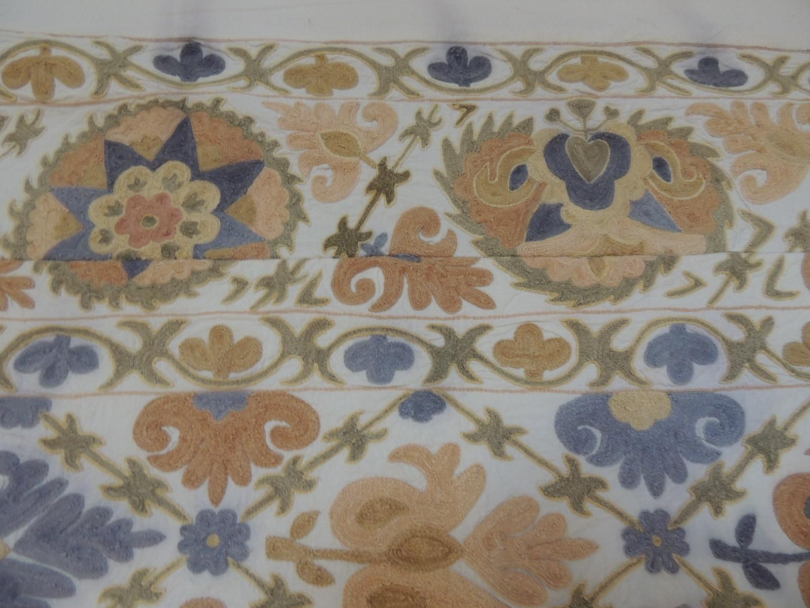 Late 20th Century Vintage Peach and Grey Uzbekistan Embroidery Suzani Textile Panel