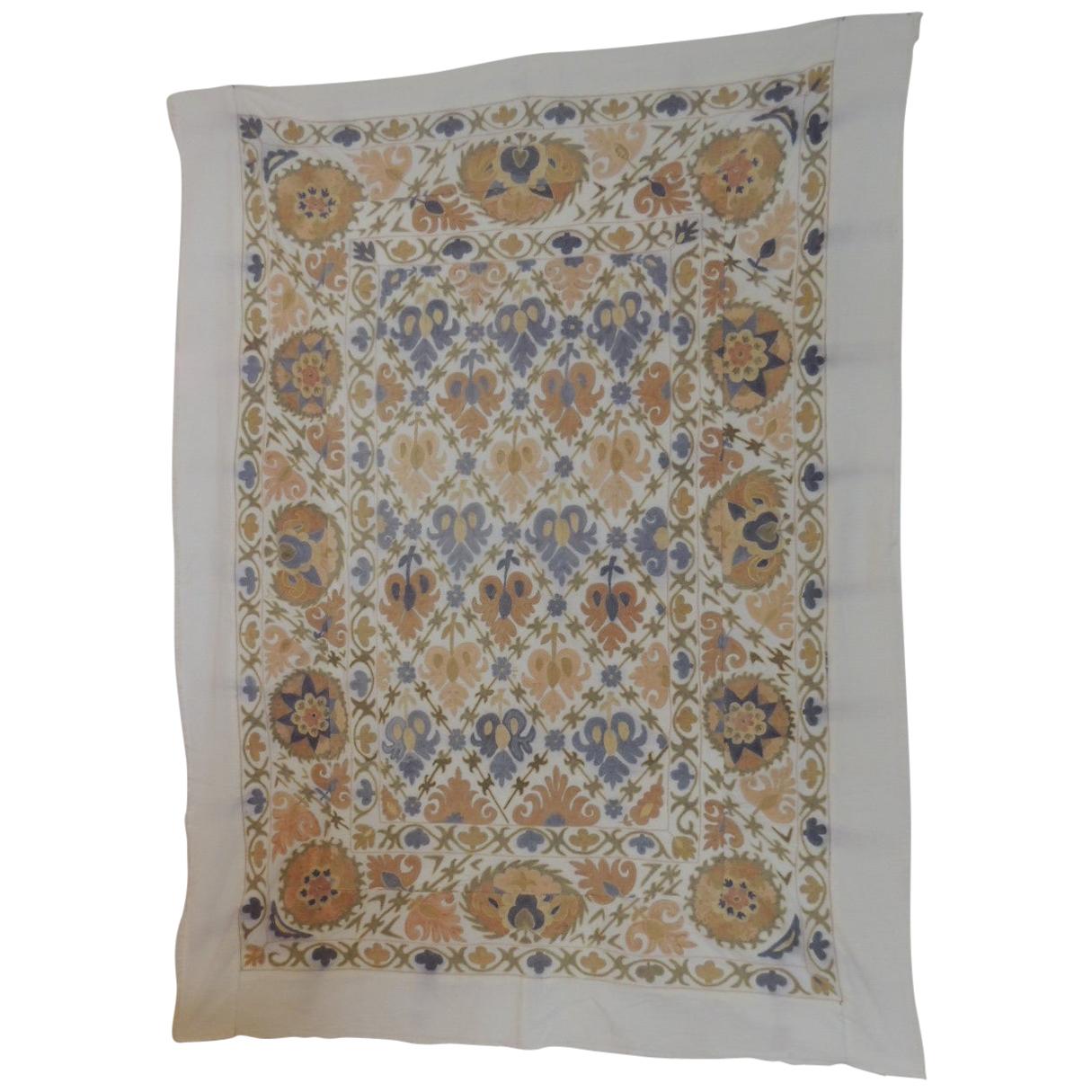 Vintage Peach and Grey Uzbekistan Embroidery Suzani Textile Panel