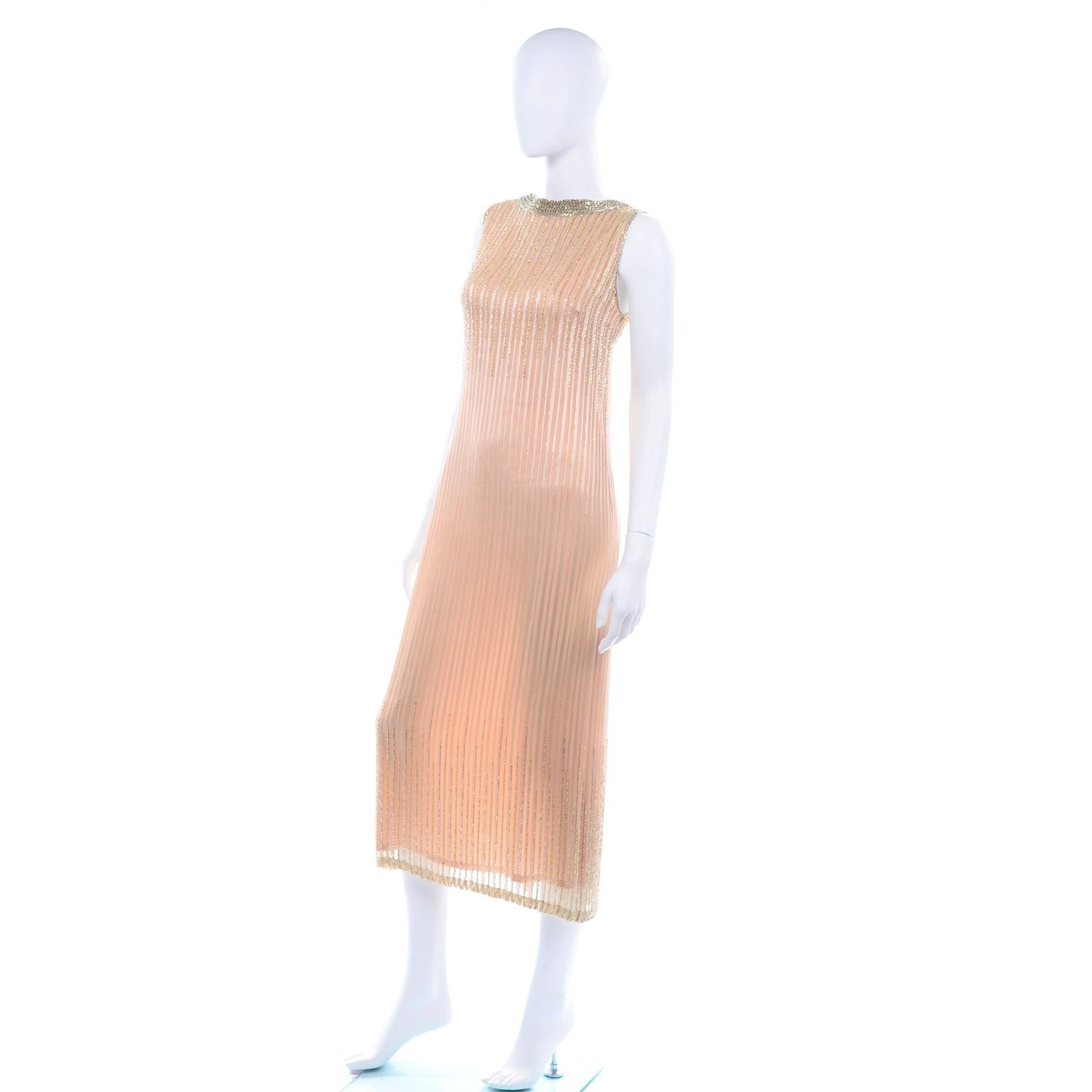 Women's Vintage Peach & Gold Beaded Sheer Evening Dress W Draping w Boutique Label For Sale