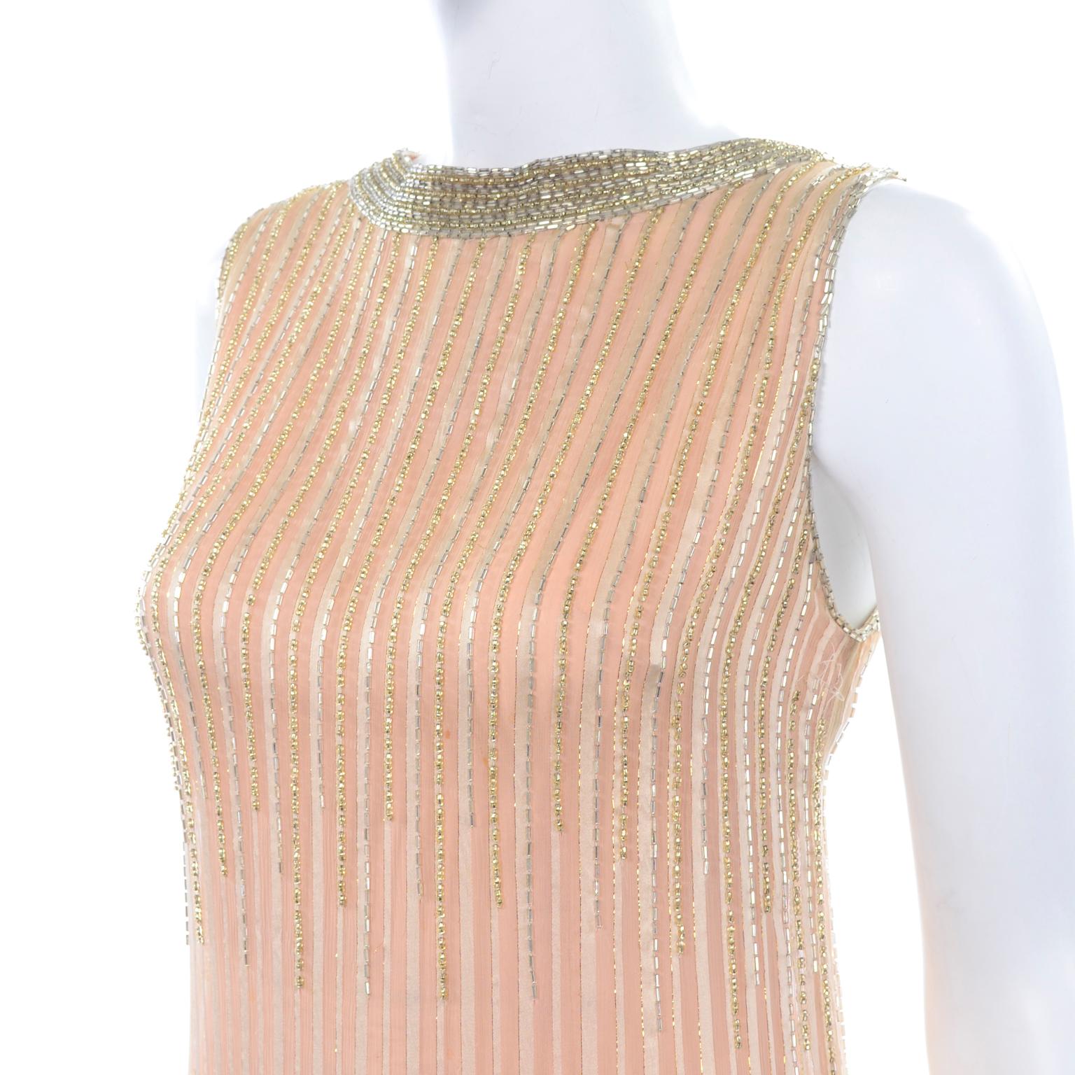 Vintage Peach & Gold Beaded Sheer Evening Dress W Draping w Boutique Label For Sale 1