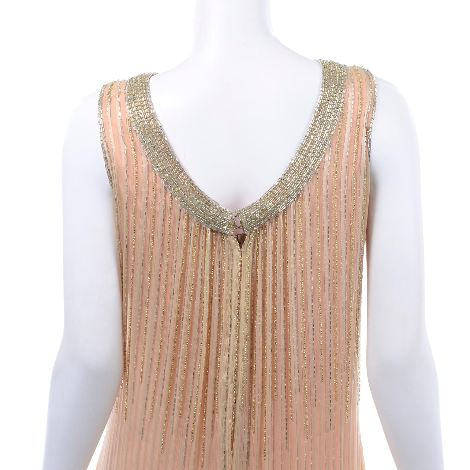 Vintage Peach & Gold Beaded Sheer Evening Dress W Draping w Boutique Label For Sale 2