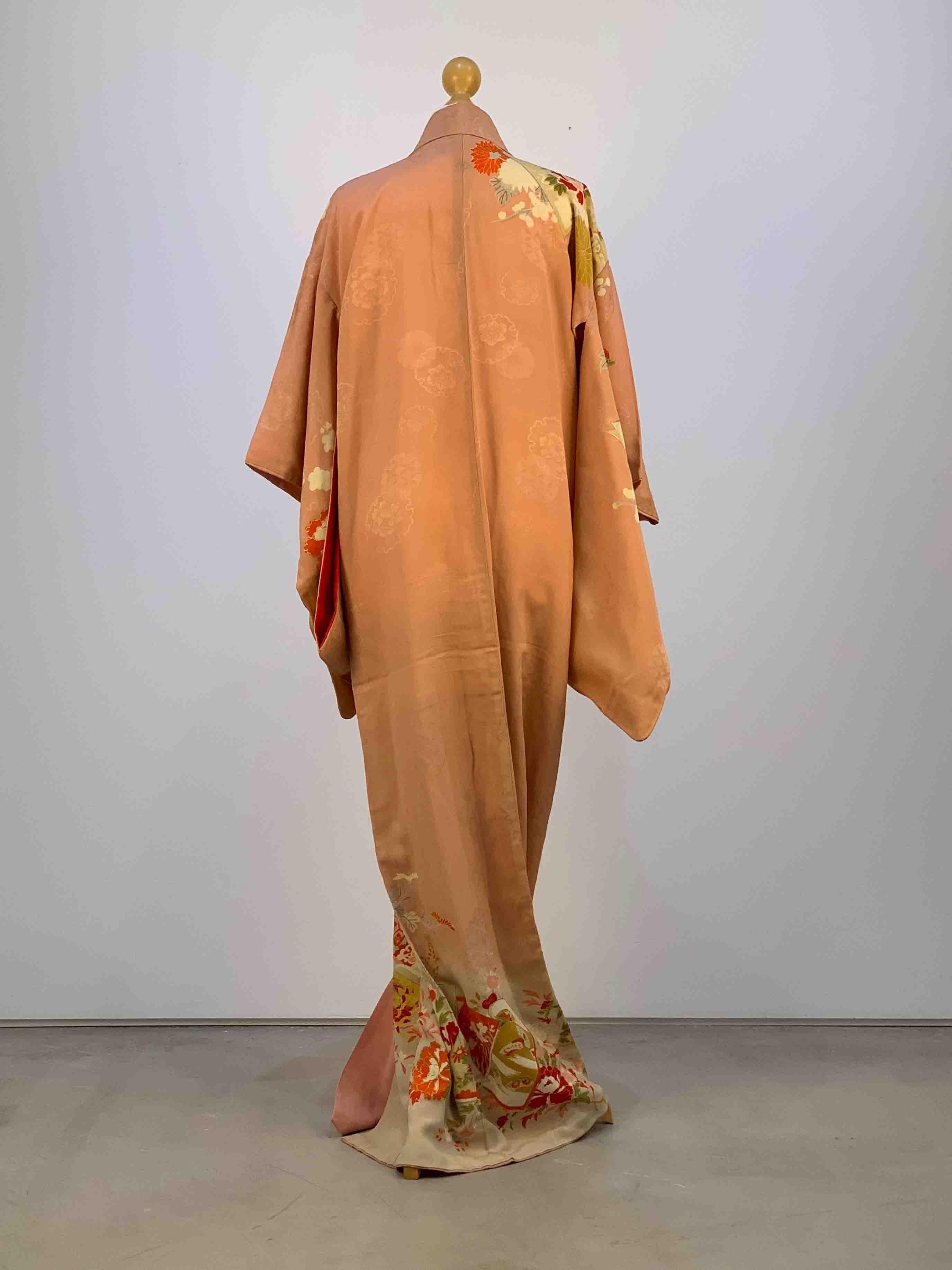 Brown Vintage Peach Kimono with Floral Design