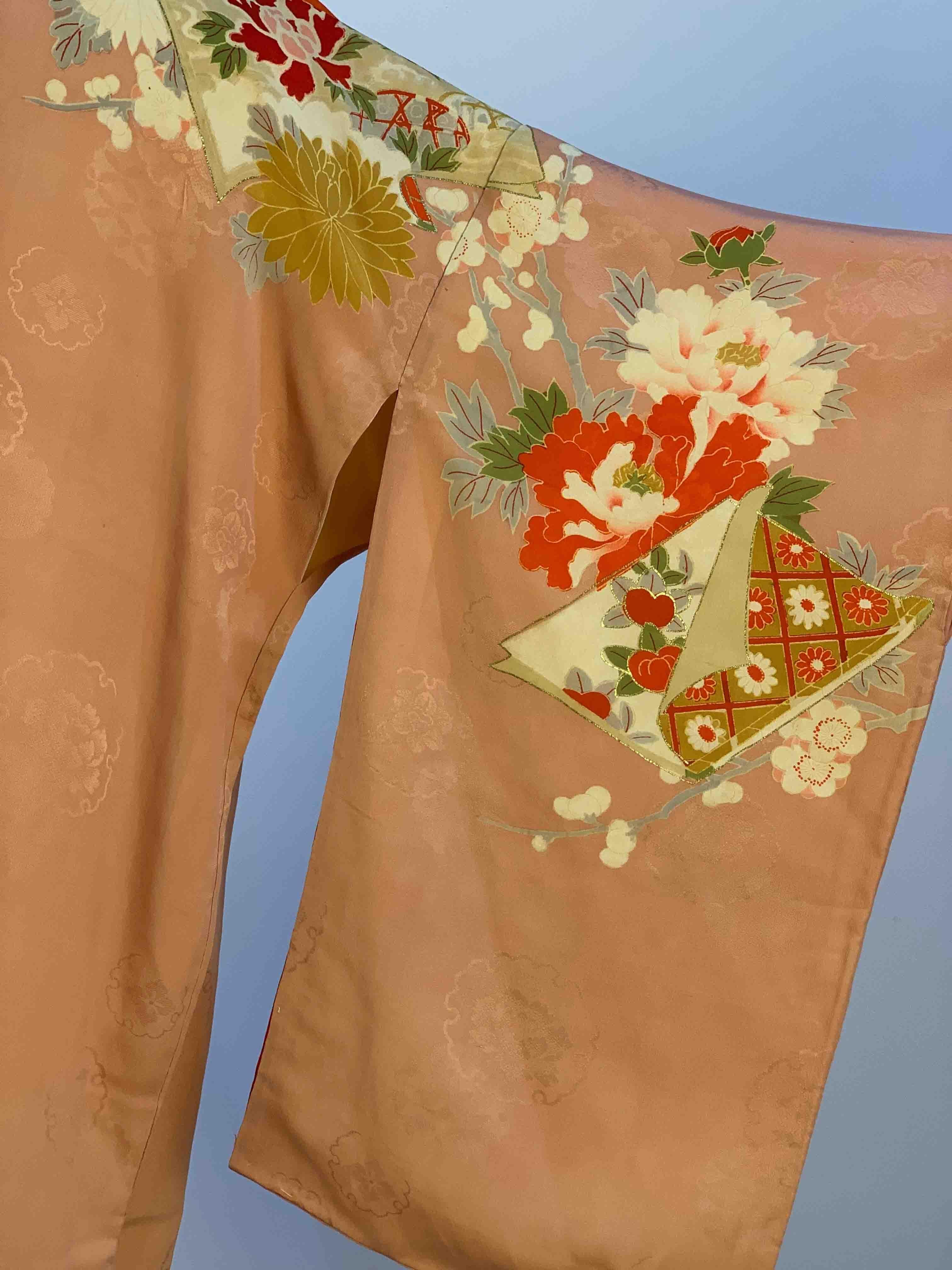 Women's or Men's Vintage Peach Kimono with Floral Design